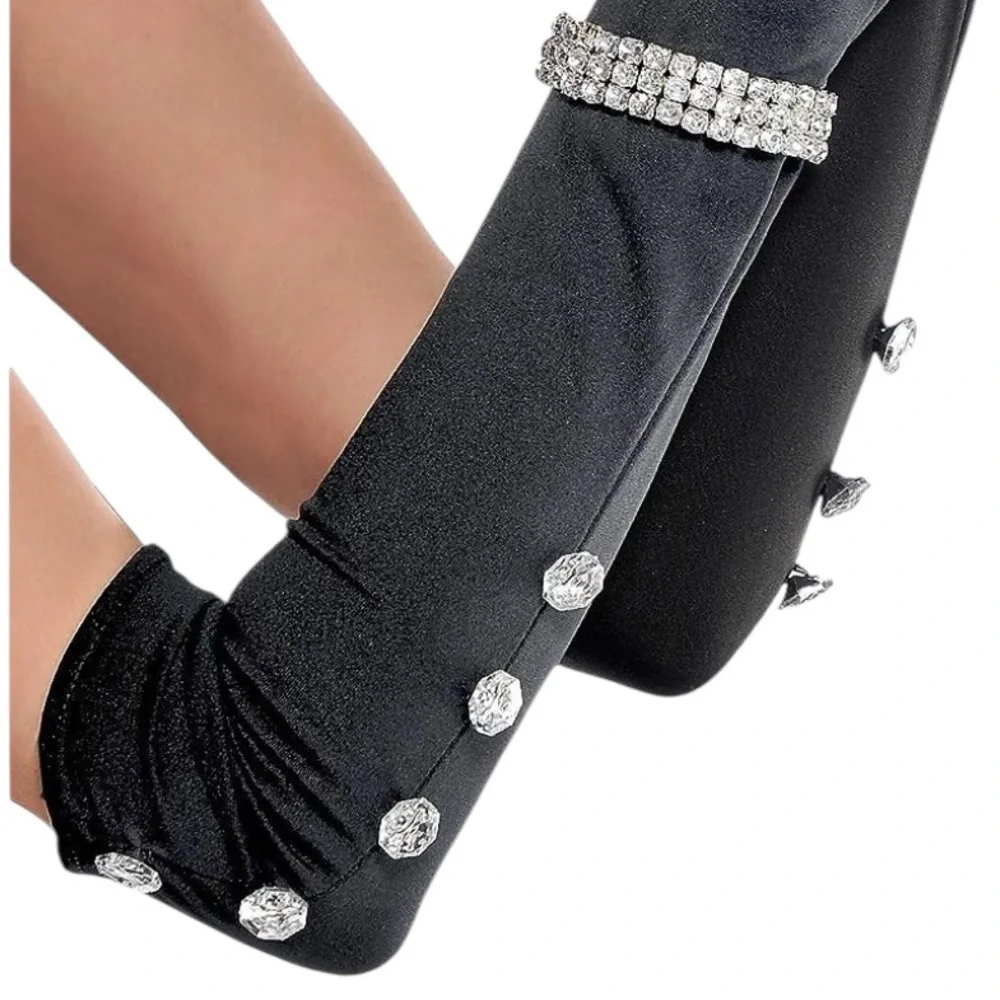 Elegant Long Black Satin Gloves w/Rhinestones stretchy Rhinestone Bracelet Prom
